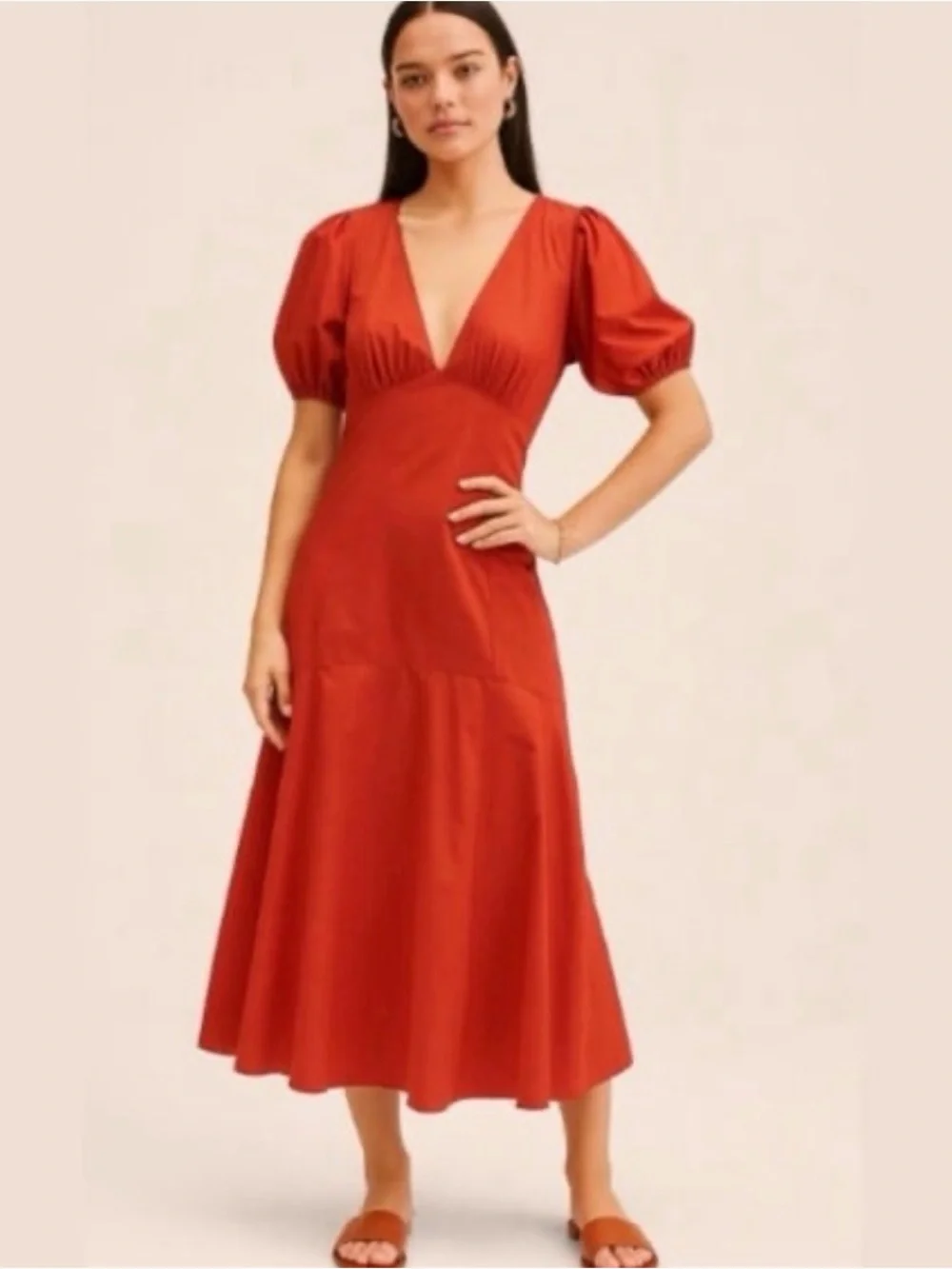 NWT Abercrombie Orange Puff Sleeve Poplin Midi Dress Wedding Fall XL
